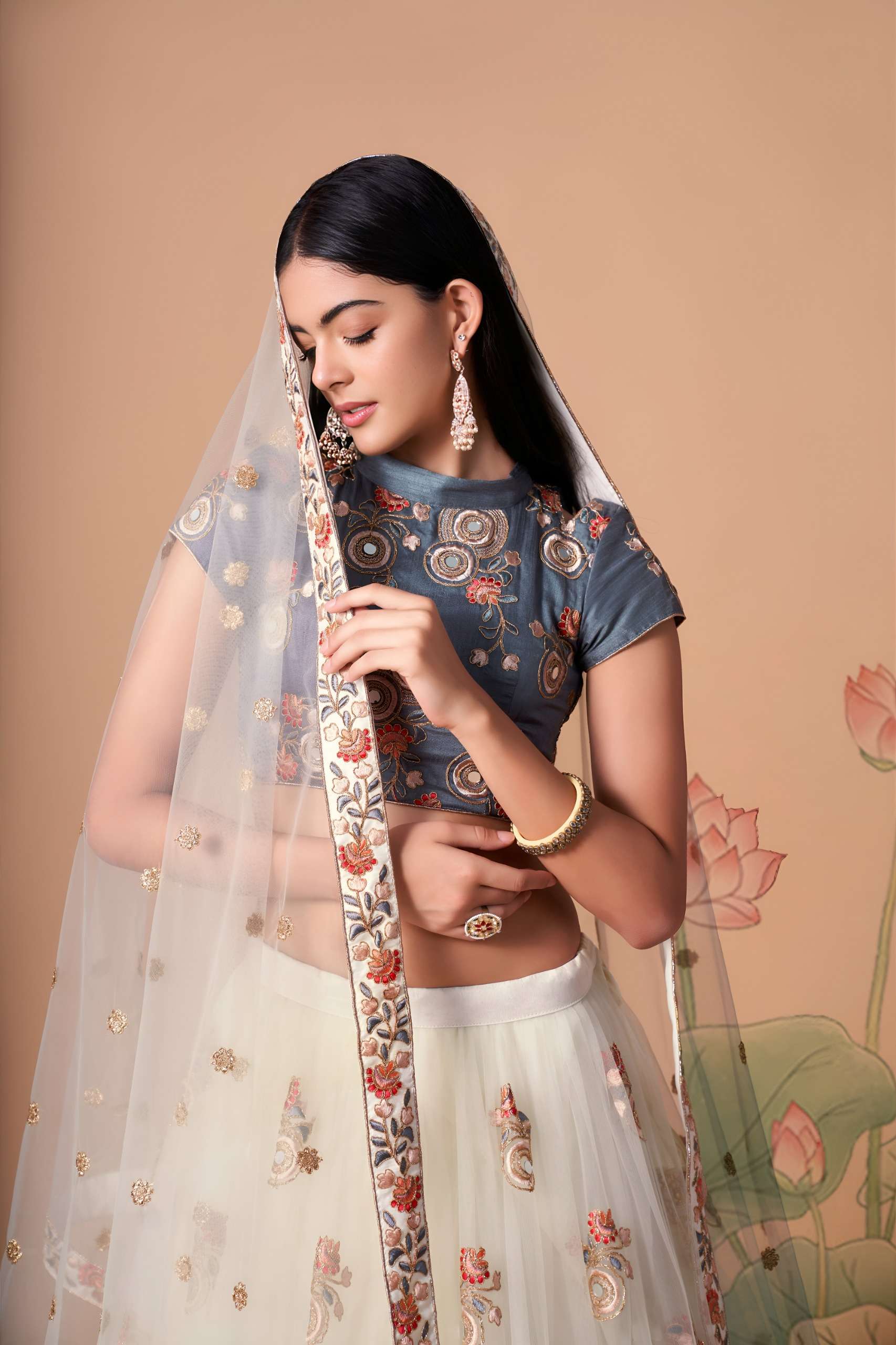 Ivory & Slate Grey Floral and Mirror work on net Lehenga Choli supplier in surat 7322 Off White  